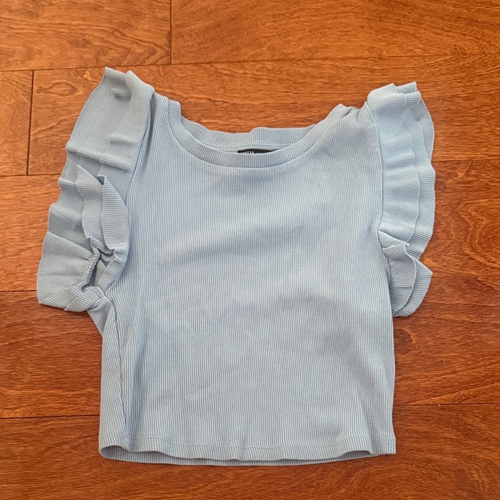 Zara Light Blue Ruffle Sleeve Crop Top
